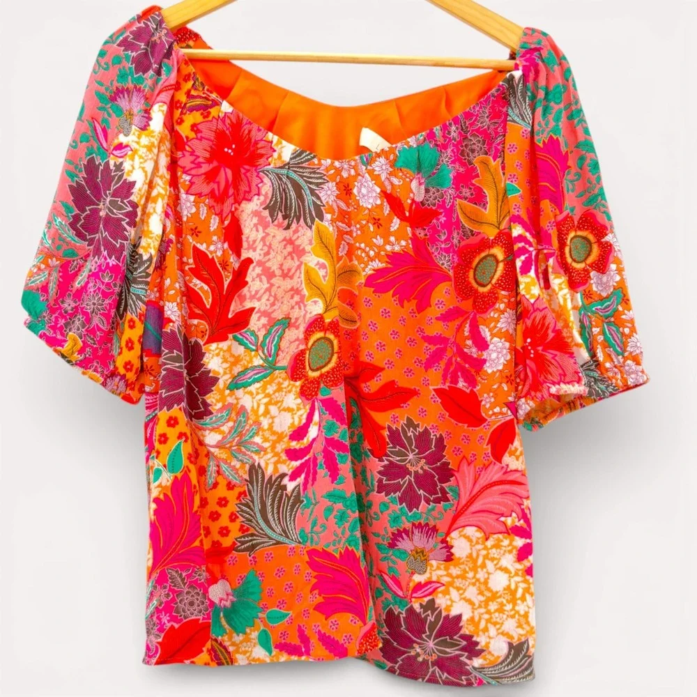 LOFT‎ XS NWT Floral Patchwork Blouse Puff Sleeve Orange Lined Boho Top Tropical